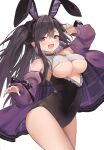  1girl azur_lane bangs bare_shoulders black_hair black_leotard blush breasts cowboy_shot eyebrows_visible_through_hair hair_ornament heart heart-shaped_pupils highres jacket large_breasts leotard liaowen long_hair long_sleeves looking_at_viewer off_shoulder open_mouth pamiat_merkuria_(azur_lane) playboy_bunny purple_jacket red_eyes simple_background smile solo symbol-shaped_pupils thighs underboob white_background 