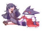 1girl @_@ aoihitsuji bangs black_footwear black_hair blush bow bowtie clothed_pokemon commentary_request dress full_body gengar hair_between_eyes hairband hex_maniac_(pokemon) long_dress long_hair long_sleeves mary_janes open_mouth own_hands_together pokemon pokemon_(creature) pokemon_(game) pokemon_xy purple_dress purple_eyes purple_hairband red_bow red_bowtie shoes simple_background sitting smile white_background white_dress 