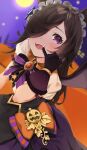  1girl :d aa_(16rrr16) absurdres animal_ears bangs black_gloves black_hair blurry blurry_background blush bow brown_wings center_frills commentary_request depth_of_field dutch_angle fangs finger_in_mouth frills full_moon gloves hair_over_one_eye hand_up highres horse_ears long_hair looking_at_viewer make_up_in_halloween!_(umamusume) moon official_alternate_costume puffy_short_sleeves puffy_sleeves purple_eyes purple_skirt rice_shower_(umamusume) shirt short_sleeves single_wing skirt smile solo striped striped_bow teeth umamusume upper_teeth very_long_hair white_shirt wings 