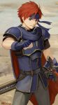  1boy absurdres armor blue_eyes blue_gloves blue_headband blue_jacket breastplate closed_mouth cloud fingerless_gloves fire_emblem fire_emblem:_the_binding_blade gloves grey_pants headband highres jacket looking_at_viewer male_focus pants red_hair roy_(fire_emblem) samohichi short_hair shoulder_armor solo sword twitter_username weapon 
