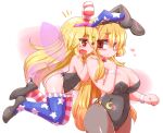  2girls alternate_costume american_flag american_flag_legwear american_flag_print animal_ears aoihitsuji bangs black_footwear black_hairband black_legwear black_leotard blonde_hair blush body_blush bow bowtie breasts brown_hair clownpiece commentary_request cowboy_shot detached_collar eyebrows_visible_through_hair fairy_wings fake_animal_ears fake_tail flag_print flat_chest full_body hair_between_eyes hairband high_heels junko_(touhou) large_breasts leotard long_hair looking_at_another looking_back multiple_girls one_eye_closed open_mouth pantyhose playboy_bunny purple_hairband rabbit_ears rabbit_tail smile strapless strapless_leotard tail thick_eyebrows thighhighs touhou wings wrist_cuffs 