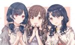  3girls bag bangs blue_hair border brown_eyes brown_hair closed_mouth commentary dress egg_hair_ornament eyebrows_visible_through_hair fangs food-themed_hair_ornament fukumaru_koito gocoli grey_shirt hair_behind_ear hair_ornament hair_scrunchie hairclip highres idolmaster idolmaster_shiny_colors jewelry long_hair long_sleeves looking_at_viewer low_twintails morino_rinze multiple_girls necklace open_mouth outside_border own_hands_clasped own_hands_together pinafore_dress red_eyes scrunchie shirt short_twintails shoulder_bag sidelocks skin_fangs smile sonoda_chiyoko sweater twintails upper_body white_border 