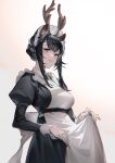  1girl absurdres animal_ears antlers apron arknights bangs black_dress black_eyes black_hair black_headwear blush bonnet breasts chromatic_aberration commentary_request deer_antlers deer_ears deer_girl dress eyebrows_visible_through_hair gui_mi highres juliet_sleeves large_breasts long_hair long_sleeves looking_at_viewer maid maid_apron official_alternate_costume parted_lips puffy_sleeves sidelocks simple_background solo tsukinogi_(arknights) tsukinogi_(londinium_style_miko)_(arknights) white_apron 