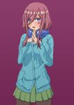  1girl bangs blue_eyes blush breasts brown_hair cardigan go-toubun_no_hanayome hair_between_eyes headphones headphones_around_neck long_hair looking_at_viewer nakano_miku open_mouth pantyhose rikku04 simple_background solo 