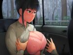  1girl bangs black_hair blush bra breasts buttons car car_interior character_request closed_mouth commentary_request copyright_request covered_nipples eyebrows_visible_through_hair foliage glasses grey_eyes grey_shirt ground_vehicle hair_bun highres indoors jitome kumaneko large_breasts long_sleeves medium_hair motor_vehicle out_of_frame partially_unbuttoned rain rimless_eyewear shirt sidelocks sitting steam straight_hair sweatdrop tree underwear upper_body window wing_collar 