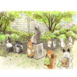  backpack bag berry_jou building bunny city highres no_humans original outdoors painting_(medium) park statue tokyo_(city) traditional_media translated tree watercolor_(medium) 