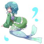 1girl aoihitsuji bangs blue_eyes blue_hair blue_sash blush commentary_request eyebrows_visible_through_hair full_body green_kimono head_fins japanese_clothes kimono long_sleeves looking_at_viewer looking_back mermaid monster_girl obi open_mouth sash short_hair simple_background solo touhou wakasagihime white_background wide_sleeves 