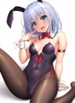  1girl :d animal_ears aqua_eyes arm_behind_back arm_strap arm_support bang_dream! bangs bare_shoulders blush bow bowtie breasts brown_legwear cameltoe collarbone commentary covered_navel detached_collar eyebrows_visible_through_hair fake_animal_ears hair_between_eyes hand_up head_tilt knee_up kurata_mashiro lambda_(kusowarota) leotard medium_breasts medium_hair no_shoes open_mouth pantyhose playboy_bunny purple_leotard rabbit_ears red_bow red_bowtie red_ribbon ribbon shadow side-tie_leotard silver_hair simple_background sitting smile solo strapless strapless_leotard v white_background wrist_cuffs 