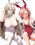  2girls absurdres akane_(blue_archive) animal_ears aqua_bow aqua_bowtie bandaid bandaid_on_knee bare_legs bare_shoulders blue_archive blue_eyes blush bow bowtie braid breasts brown_eyes commentary_request detached_collar fake_animal_ears glasses gloves hair_between_eyes highres kawa683 large_breasts long_hair looking_at_viewer mole mole_under_eye multiple_girls neru_(blue_archive) pink_hair playboy_bunny rabbit_ears red_eyes simple_background single_braid sitting small_breasts white_background white_gloves white_legwear 