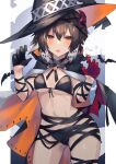  1girl alternate_costume animal arknights asymmetrical_gloves bag bat_wings bikini black_bikini black_cape black_gloves black_headwear blush breasts brown_hair cape claw_pose commentary cowboy_shot demon_horns fang feather_hair front-tie_bikini front-tie_top gloves hair_between_eyes half_gloves halloween_costume hat highres horns looking_at_viewer mismatched_gloves multicolored_hair navel open_mouth plume_(arknights) red_gloves sasa_onigiri short_hair small_breasts solo stomach streaked_hair swimsuit v-shaped_eyebrows white_hair wings witch_hat yellow_eyes 