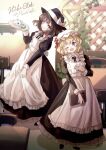  2girls :d absurdres apron black_footwear blonde_hair book bow brown_eyes brown_hair cafe chair closed_mouth cup dress fedora frills hand_on_own_chest hat hat_bow highres holding holding_book holding_clothes holding_skirt leaf long_skirt long_sleeves maid maid_apron maribel_hearn minus_(sr_mineka) mob_cap multiple_girls one_eye_closed open_mouth purple_eyes skirt smile table teacup teapot touhou tray usami_renko white_bow 