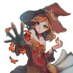  1girl absurdres bangs bare_shoulders blurry blurry_background breasts choker cleavage closed_mouth dota_(series) dota_2 dress facepaint fingernails fire hat highres lina_inverse_(dota_2) long_hair looking_at_viewer orange_eyes orange_hair outstretched_arm red_dress red_headwear red_sleeves sleeveless sleeveless_dress solo v-shaped_eyebrows white_background witch_hat yukionetwo 