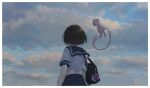  1girl bag black_bag blue_sailor_collar border brown_hair cloud commentary day from_below handbag he_c92 highres master_ball mew original outdoors pleated_skirt poke_ball pokemon pokemon_(creature) sailor_collar shiny shiny_hair shirt short_hair short_sleeves skirt sky white_border white_shirt 