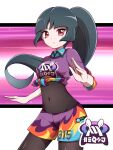  1girl absurdres black_hair bodystocking breasts closed_mouth covered_navel cowboy_shot floating_hair gloves hands_up highres legwear_under_shorts looking_at_viewer numbered pokemon pokemon_(game) pokemon_frlg pokemon_swsh ponytail purple_shirt purple_shorts red_eyes sabrina_(pokemon) shabana_may shirt shorts solo tied_shirt white_gloves 