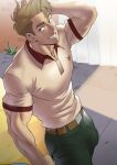  1boy absurdres bara beige_shirt blue_hair bulge collared_shirt english_commentary from_above green_pants grin hand_in_hair highres large_pectorals light_brown_hair male_focus muscular muscular_male pants pectorals q-force reward_available shirt short_hair sideburns smile solo steve_maryweather suyohara undercut 