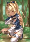  1girl 6mint absurdres arrow_(projectile) blonde_hair blurry blurry_background bow_(weapon) brown_gloves clothing_cutout commentary dark-skinned_female dark_skin elf forest gloves highres holding holding_arrow holding_bow_(weapon) holding_weapon hololive long_hair long_sleeves looking_at_viewer multicolored_hair nature outdoors partially_fingerless_gloves pointy_ears ponytail shiranui_flare shoulder_cutout single_thighhigh solo squatting streaked_hair thighhighs tree virtual_youtuber weapon white_hair white_legwear 