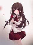  1girl bangs brown_hair closed_mouth collared_shirt commentary eyebrows_visible_through_hair flower grey_background highres holding holding_flower ib ib_(ib) long_hair long_sleeves looking_at_viewer petals pleated_skirt red_eyes red_flower red_neckwear red_rose red_skirt rose shirt skirt smile solo suzumori_uina very_long_hair white_shirt 