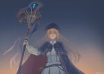  1girl absurdres artoria_pendragon_(caster)_(fate) artoria_pendragon_(fate) blonde_hair blue_eyes buttons cape commentary double-breasted expressionless fate/grand_order fate_(series) gradient gradient_background hair_between_eyes hat highres long_hair looking_at_viewer mage_staff solo sword sword_behind_back tapi_chee weapon 