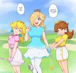  3girls afrobull blonde_hair blue_eyes breasts commentary crown dress earrings english_commentary english_text hair_over_one_eye high-waist_skirt highres instant_loss jewelry lips long_hair looking_at_viewer mario_(series) mario_golf multiple_girls open_mouth pantyhose princess_daisy princess_peach rosalina skirt smile speech_bubble star_(symbol) star_earrings white_legwear 