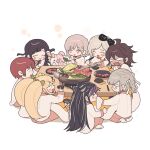  6+girls :d ahoge alternate_costume bangs blush bow braid brown_hair chopsticks danganronpa_(series) danganronpa_2:_goodbye_despair ear_bow eating eyebrows_visible_through_hair food food_on_face freckles gamhwa green_bow grey_hair hair_bow hair_horns hair_ornament hair_ribbon hakama hakama_pants happy highres holding holding_chopsticks japanese_clothes koizumi_mahiru kotatsu long_hair meat medium_hair mioda_ibuki monomi_(danganronpa) multicolored_hair multiple_girls nanami_chiaki open_mouth owari_akane pants pekoyama_peko pink_hair plate purple_hair red_hair ribbon saionji_hiyoko shirt sitting smile sonia_nevermind table thong tissue triangle_hair_ornament tsumiki_mikan twintails 