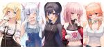  5girls :d ;d absurdres animal_ear_fluff animal_ears bag bangs bare_shoulders black_dress black_eyes black_ribbon black_skirt blonde_hair blue_dress blue_eyes blue_hair blue_nails blunt_bangs bra_strap braid breasts cat_ears cat_tail choker collarbone commentary crop_top crop_top_overhang dress eyebrows_visible_through_hair fang frilled_shirt frilled_sleeves frills gawr_gura gradient_hair green_choker grin hair_ornament hairband high-waist_skirt highres holding holding_magnifying_glass holding_microphone holding_paintbrush hololive hololive_english holomyth jacket jewelry key_necklace large_breasts long_hair long_sleeves looking_at_viewer magnifying_glass microphone midriff mole mole_under_eye monocle_hair_ornament mori_calliope multicolored_hair multiple_girls nail_polish necklace ninomae_ina&#039;nis off-shoulder_shirt off_shoulder official_alternate_costume one_eye_closed open_clothes open_jacket open_mouth orange_hair paintbrush paw_pose pink_hair pointing pointing_at_viewer pointy_ears ponytail purple_eyes red_eyes red_jacket red_nails ribbon sharp_teeth shirt short_hair short_sleeves shoulder_bag shuvi_(shuvi1125) side_ponytail silver_hair skirt small_breasts smile streaked_hair striped striped_shirt tail takanashi_kiara teeth twin_braids two-tone_hair upper_body upper_teeth vertical-striped_shirt vertical_stripes virtual_youtuber watson_amelia white_hairband white_shirt yellow_nails zipper zipper_pull_tab zipper_skirt 
