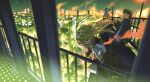  1boy 1girl 1other absurdres arms_up braid building city city_lights commentary film_grain highres jacket long_hair looking_at_viewer night original railing shirt short_hair skyscraper smoking standing yoneyama_mai 