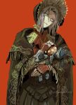  1girl 2boys bloodborne blue_eyes doll father_gascoigne grey_hair guri_otoko hat holding hunter_(bloodborne) looking_at_viewer multiple_boys plain_doll red_background ribbon smile stuffed_toy winter_lantern 