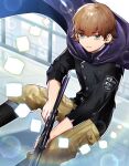  1boy black_eyes black_footwear black_jacket boots brown_hair brown_pants closed_mouth cube ema_yuzuru feet_out_of_frame gun holding holding_gun holding_weapon jacket long_sleeves looking_at_viewer male_focus pants pbn_(user_cdey3224) rifle short_hair sparkle standing weapon world_trigger 