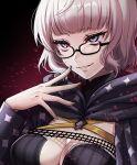  1girl breasts cleavage cloak fate/grand_order fate_(series) glasses grey_hair highres hood hooded_cloak jacques_de_molay_(foreigner)_(fate) medium_breasts purple_eyes smile tatsuma_daisuke 