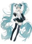  1girl absurdly_long_hair bangs black_footwear black_legwear black_skirt black_sleeves blue_eyes blue_hair blue_necktie boots collared_shirt commentary deep_(deep4946) detached_sleeves eyebrows_visible_through_hair full_body hand_up hatsune_miku highres long_hair looking_at_viewer necktie no_pupils parted_lips pleated_skirt shirt simple_background skirt sleeveless sleeveless_shirt solo tattoo thigh_boots thighhighs twintails very_long_hair vocaloid white_shirt wings 