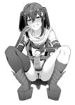  1girl asymmetrical_legwear bar_censor blush censored cheek_rest clothes_lift commentary female_pubic_hair greyscale grin hair_between_eyes hair_ornament highres kantai_collection kneehighs lifted_by_self looking_at_viewer monochrome no_panties pubic_hair pussy_juice remodel_(kantai_collection) scarf sendai_(kancolle) simple_background single_kneehigh single_thighhigh smile solo spread_legs squatting takaman_(gaffe) thighhighs two_side_up uneven_legwear white_background 