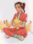  1girl 4o3o animal apex_legends bird brown_hair chicken dark-skinned_female dark_skin earrings english_commentary eyebrow_cut facial_mark forehead_mark green_shirt hair_behind_ear highres holding holding_animal holding_bird jewelry looking_down open_mouth orange_jumpsuit rampart_(apex_legends) shirt side_ponytail smile solo tooth_gap yellow_footwear 