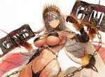  1girl abs ballista bangs bare_shoulders bikini black_bikini black_gloves blue_eyes breasts chain cleavage commentary_request crossbow crown cuffs dark-skinned_female dark_skin elbow_gloves fate/grand_order fate_(series) gloves grey_hair highres jewelry large_breasts long_hair looking_at_viewer navel neck_ring nishiide_kengorou revealing_clothes solo swimsuit toned zenobia_(fate) 