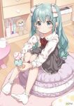  1girl aqua_hair bangs black_dress blue_eyes bow collared_shirt commentary cup double_scoop dress eyebrows_visible_through_hair food frilled_bow frilled_legwear frills full_body hair_between_eyes hair_bow hatsune_miku highres holding holding_food ice_cream ice_cream_cone indoors knees_up long_hair mug no_shoes red_bow shirt sitting sleeveless sleeveless_dress socks solo stuffed_animal stuffed_toy table teddy_bear twintails twitter_username very_long_hair vocaloid white_bow white_legwear white_shirt yukie_(kusaka_shi) 