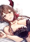  1girl :d bad_id bad_pixiv_id bangs bare_shoulders black_bra bra breasts brown_eyes brown_hair character_request commentary_request copyright_request eyebrows_visible_through_hair heart large_breasts long_hair looking_at_viewer smile solo suminagashi underwear upper_body 