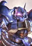  embers glowing glowing_eye gouf gundam holding holding_whip horns mecha mobile_suit mobile_suit_gundam no_humans one-eyed purple_eyes science_fiction signature single_horn solo spikes totthii0081 upper_body 