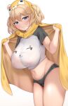 1girl animal_hood bangs bare_legs black_shirt black_shorts blonde_hair blue_eyes blush breasts closed_mouth covered_nipples ella_of_the_sky eyebrows_visible_through_hair hair_between_eyes highres hood large_breasts last_origin lomocya looking_at_viewer medium_hair navel no_bra see-through shirt short_shorts short_sleeves shorts simple_background smile solo symbol-only_commentary two-tone_shirt white_background white_shirt 