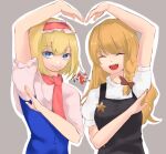  alice_margatroid bangs black_vest blonde_hair blue_dress blue_eyes bow braid breasts closed_eyes closed_mouth commentary_request cookie_(touhou) dare_who_zzzz dress eyebrows_visible_through_hair grey_background hair_bow hairband heart_arms_duo ichigo_(cookie) kirisame_marisa long_hair looking_at_viewer medium_breasts necktie open_mouth puffy_short_sleeves puffy_sleeves red_bow red_hairband red_necktie shirt short_hair short_sleeves side_braid simple_background single_braid sleeveless sleeveless_dress smile star_(symbol) suzu_(cookie) touhou upper_body vest white_shirt 