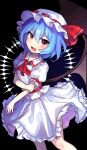 1girl :d absurdres bat_wings black_background blue_hair bow commentary dress fang feet_out_of_frame frills hat highres medium_dress mob_cap offbeat orange_eyes red_bow red_neckwear remilia_scarlet short_hair smile solo touhou white_dress wings 