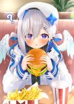  1girl :o ? absurdres amane_kanata angel_wings asymmetrical_bangs azuremo bangs beret blue_hair blush burger colored_inner_hair feathered_wings food french_fries hair_ornament hair_over_one_eye hair_rings hairclip hat highres hololive jacket long_hair looking_at_viewer low_twintails mini_wings multicolored_hair open_mouth pov_across_table silver_hair single_hair_intake solo twintails upper_body virtual_youtuber white_jacket white_wings wings 