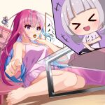  2girls bare_arms bare_shoulders barefoot bedroom blue_hair breasts chibi chibi_inset colored_inner_hair eyebrows_visible_through_hair food full_body hair_down highres hololive indoors long_hair loungewear medium_breasts minato_aqua mouth_hold multicolored_hair multiple_girls murasaki_shion pink_chemise purple_eyes purple_hair sitting solo_focus streaked_hair takoyaki toenails toes two-tone_hair unripe virtual_youtuber 