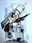  autobot commission ectotron english_commentary ghostbusters gun highres holding holding_gun holding_weapon livioramondelli looking_at_viewer marker_(medium) mecha no_humans science_fiction signature solo standing traditional_media transformers weapon 