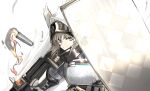 1girl absurdres animal_ears arknights armor ashlock_(arknights) belt breastplate commentary_request grey_eyes grey_hair helmet highres holding holding_shield holding_weapon looking_at_viewer pauldrons raw_egg_lent serious shell_casing shield short_hair shoulder_armor simple_background solo translated weapon white_background 