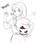  1girl boa_(brianoa) candy closed_mouth cosplay english_text food gintama halloween hat jack-o&#039;-lantern kamui_(gintama) link long_hair looking_at_viewer monochrome simple_background smile solo the_legend_of_zelda white_background 
