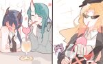  4girls ? animal_ears arknights beret black_hairband black_headwear black_jacket black_necktie blue_hair blush ch&#039;en_(arknights) chinese_commentary closed_eyes collared_shirt commentary_request crazy_straw dragon_horns drill_hair drinking_straw full-face_blush green_hair grey_sweater hairband hat head_rest heart_straw horns hoshiguma_(arknights) jacket lin_yuhsia_(arknights) long_hair mouse_ears multiple_girls naichabencha necktie no_eyes oni_horns open_mouth orange_hair purple_eyes purple_hair shared_straw shirt side_drill sidelocks simple_background single_horn sleeveless sleeveless_shirt smile sunglasses sweater swire_(arknights) twin_drills twintails upper_body wavy_mouth white_background white_shirt yuri 