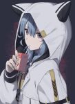  1girl animal_hood apple_juice black_background black_shirt blue_eyes blue_hair closed_mouth commentary drink drinking_straw expressionless hair_between_eyes highres holding holding_drink hololive hood hood_up hooded_jacket hoshimachi_suisei jacket juice_box long_hair long_sleeves looking_at_viewer neck_ribbon official_alternate_costume open_clothes open_jacket ribbon shirt solo star_(symbol) star_in_eye syhan symbol-only_commentary symbol_in_eye upper_body virtual_youtuber white_jacket yellow_ribbon 