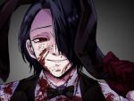  1boy alternate_costume animal_ears bangs black_bow black_bowtie black_hair black_vest blood blood_on_clothes blood_on_face bow bowtie brown_background brown_bow furuta_nimura gradient gradient_background highres jacket kino_(uni_sk38) looking_at_viewer male_focus parted_lips portrait rabbit_ears shirt short_hair smile solo teeth tokyo_ghoul tokyo_ghoul:re vest white_shirt 
