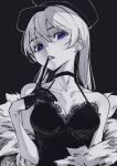  1girl bangs biting blue_eyes breasts collarbone dress fur_coat glove_biting glove_pull gloves hair_behind_ear head_tilt highres long_hair longlong_(drasdr7513) medium_breasts monochrome original solo spot_color upper_body 