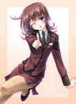  1girl active_raid blush brown_hair high_heels kazari_asami kimizuka_aoi long_sleeves looking_at_viewer medium_hair necktie one_eye_closed pantyhose pencil_skirt pointing pointing_at_viewer police police_uniform purple_eyes shiny shiny_hair skirt solo uniform 