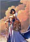  1girl bare_shoulders blood blood_stain blue_cape blue_eyes blue_hair bracelet building cape cloak cloud cloudy_sky commentary commission dress english_commentary english_text fire_emblem fire_emblem_awakening fur_trim glint highres holding holding_shield holding_sword holding_weapon instagram_username jewelry krishna_artly morgan_(fire_emblem) morgan_(fire_emblem)_(female) outdoors shield short_hair sidelocks sky solo star_(sky) sword tower weapon 